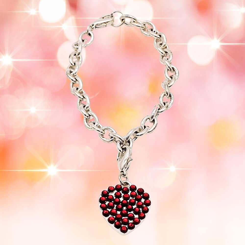 Silver-Tone Chain Link Bracelet with Red Rhinestone Heart Charm – Lobster Clasp